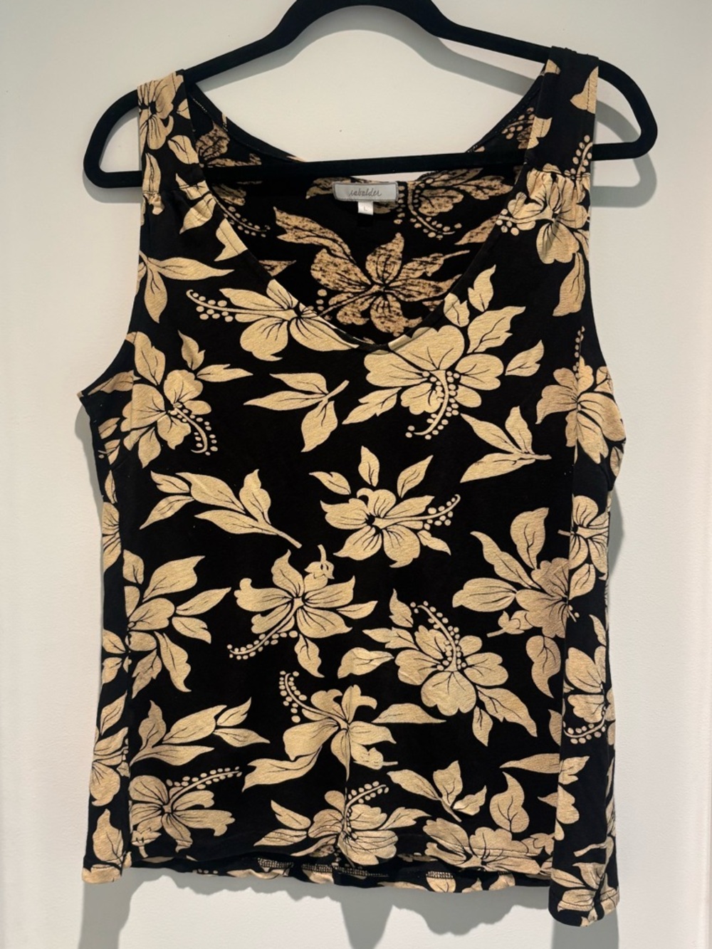 Rabalder Women's Black Floral Tank Top with Cream Hibiscus Print Size L